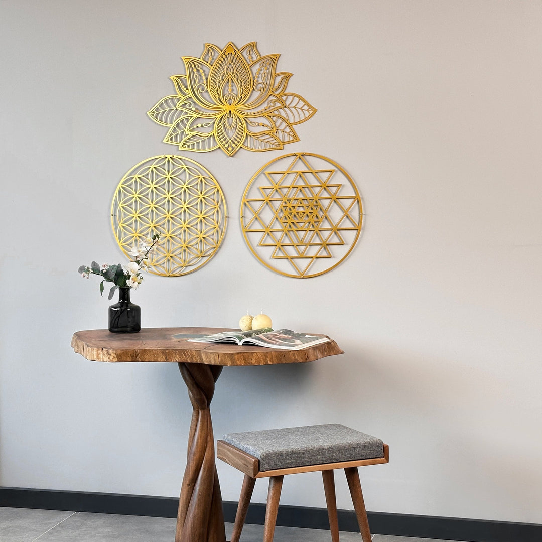 mandala-sri-yantra-flower-of-life-triple-set-metal-wall-art-decor-geometric-precision-home-colorfullworlds