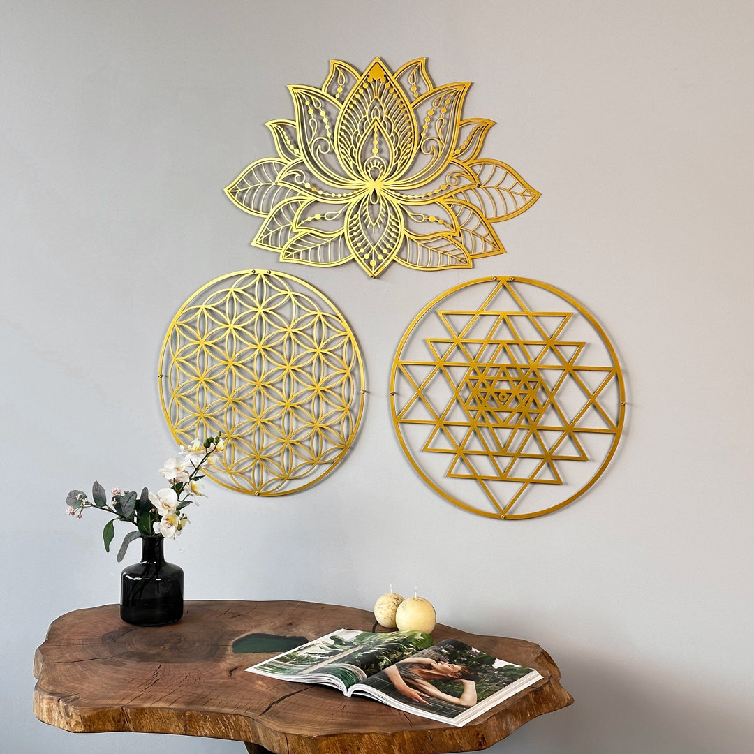 mandala-sri-yantra-flower-of-life-triple-set-metal-wall-art-modern-sacred-geometry-styles-colorfullworlds
