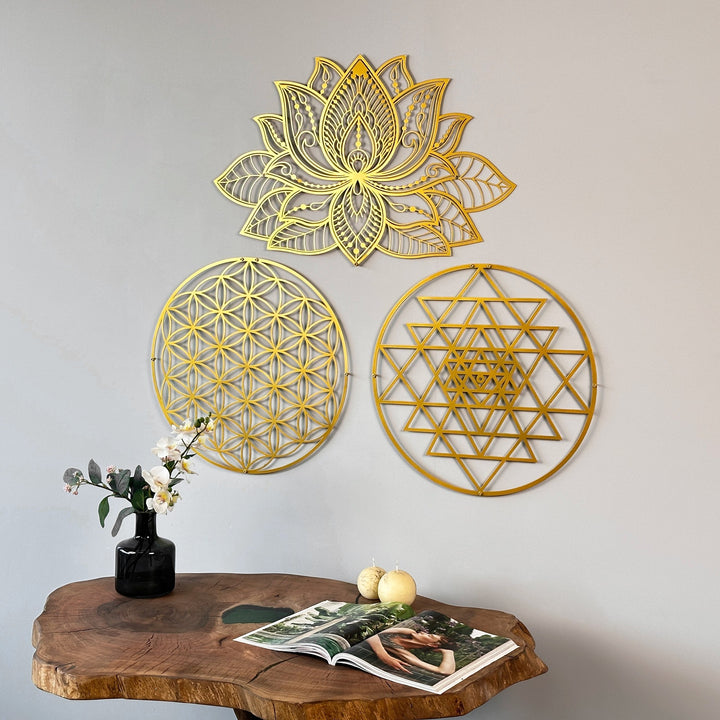 mandala-sri-yantra-flower-of-life-triple-set-metal-wall-art-modern-sacred-geometry-styles-colorfullworlds