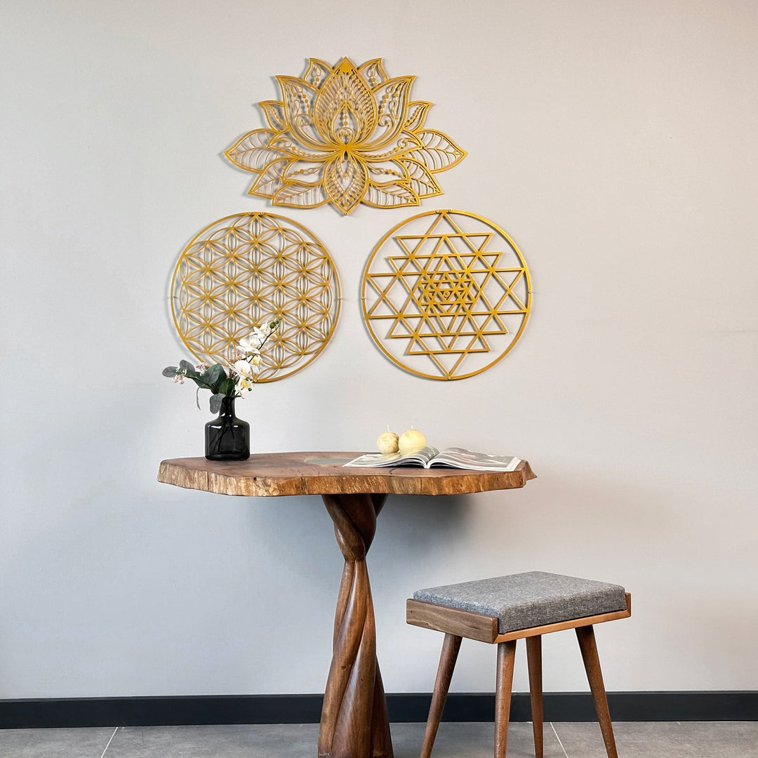 mandala-sri-yantra-flower-of-life-triple-set-wall-art-spiritual-symbols-in-metal-decor-colorfullworlds