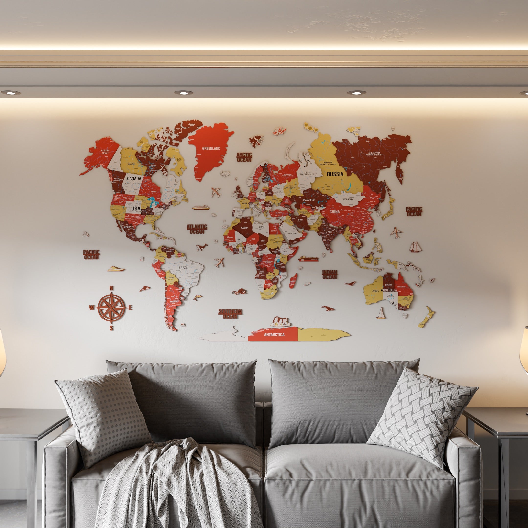 3D Wooden World Map With Push Pins (Terracota)