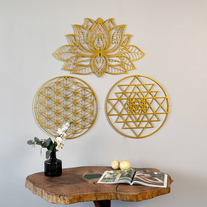 mandala-sri-yantra-flower-of-life-triple-set-metal-wall-decor-spiritual-artwork-unique-design-colorfullworlds