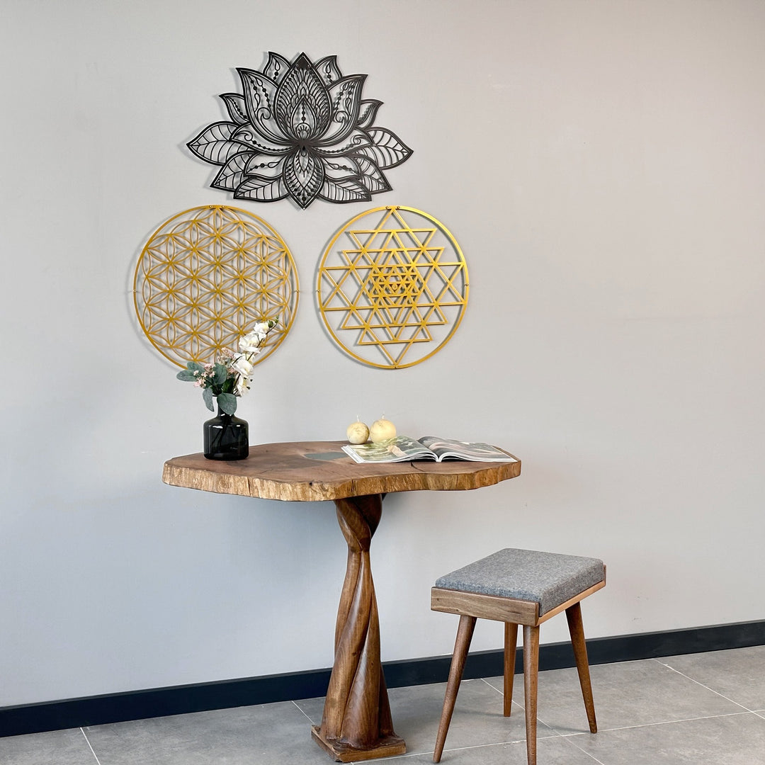 mandala-sri-yantra-flower-of-life-triple-set-metal-wall-art-geometric-beauty-in-metal-colorfullworlds