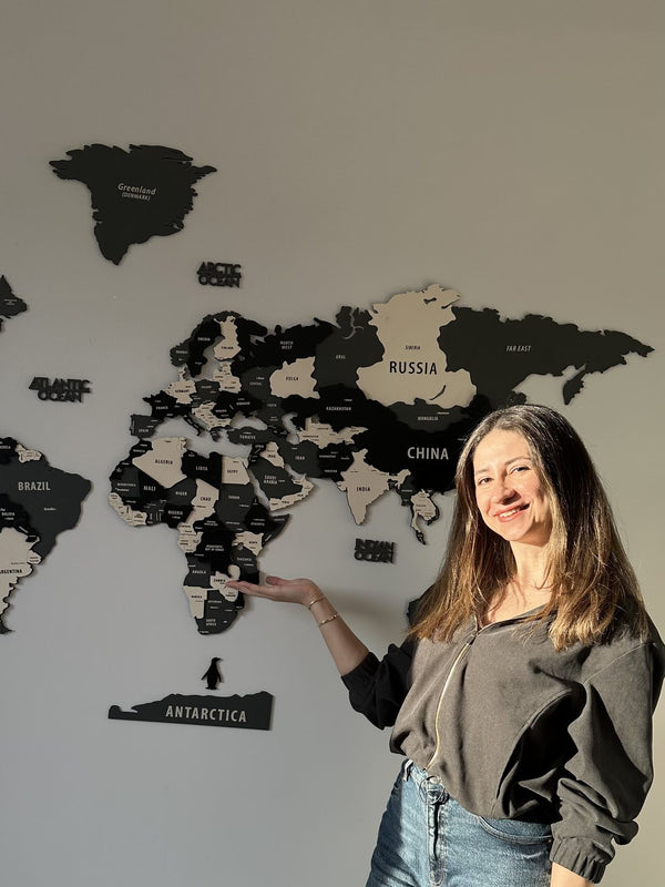 3D Wooden World Map - Grey & Black