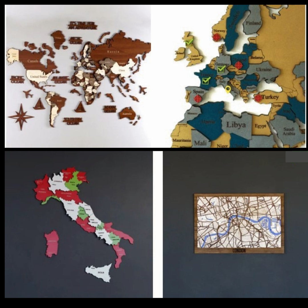 a wooden map collage consist of 4 different wooden map types