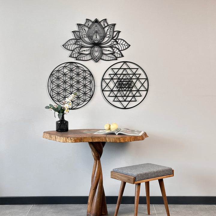 mandala-sri-yantra-flower-of-life-triple-set-metal-wall-art-contemporary-sacred-art-piece-colorfullworlds