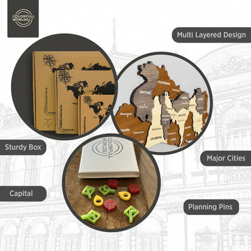 El Salvador wooden map features: multi-layered design, major cities, capital, planning pins and a sturdy box
