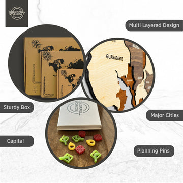 Costa Rica wooden wall map infographic: multi-layered design, sturdy box, major cities, capital and planning pins