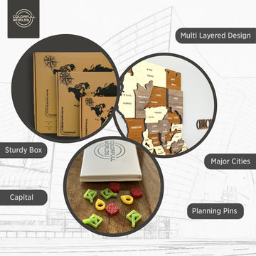 Features of the wooden California map: multi-layered design, sturdy box, capital, major cities and planning pins