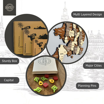 United Kingdom wooden wall map infographic: multi-layered design, sturdy box, major cities, capital and planning pins