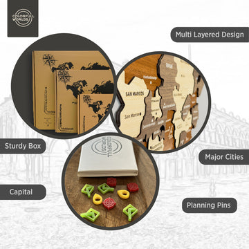 Infographic of the Guatemala wood map: multi layered design, major cities, capital, planning pins, sturdy box