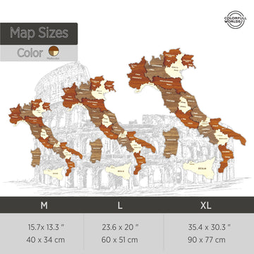Size chart for the wooden Italy map: M 40 x 34 cm, L 60 x 51 cm and XL 90 x 77 cm, multicolor