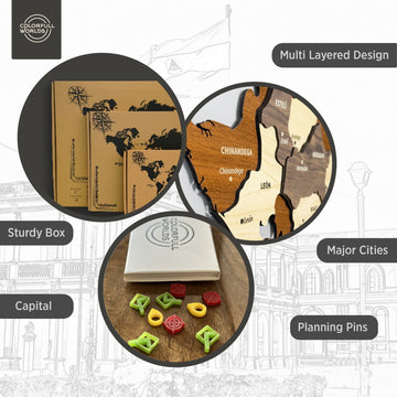 Features of the wooden Nicaragua map: multi-layered design, capital and major cities, planning pins, sturdy box