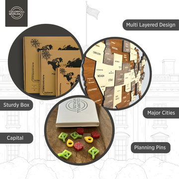Wooden USA map features: multi-layered design, capital and major cities, planning pins, sturdy box