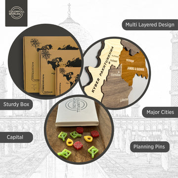 Pakistan wooden wall map infographic: multi-layered design, sturdy box, major cities, capital and planning pins