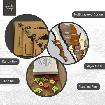 Mexico wooden wall map infographic: multi-layered design, sturdy box, major cities, capital and planning pins