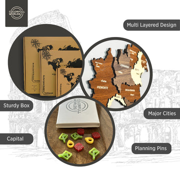 Infographic of the Italy wood map: multi layered design, major cities, capital, planning pins, sturdy box