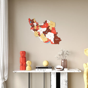 Terra Iran wooden wall map in a medium view, hung beside a white curtain above a console