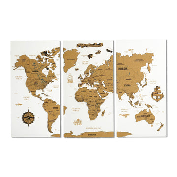 White cork world map in three panels shown straight on against a white background
