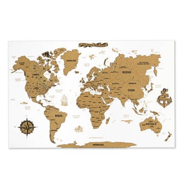White cork push pin world map, single piece, front view against a white background