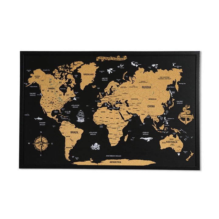 Framed Cork Push Pin World Map - Travel Tracker Wall Art