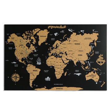 Black cork push pin world map, single piece, shown straight on against a white background