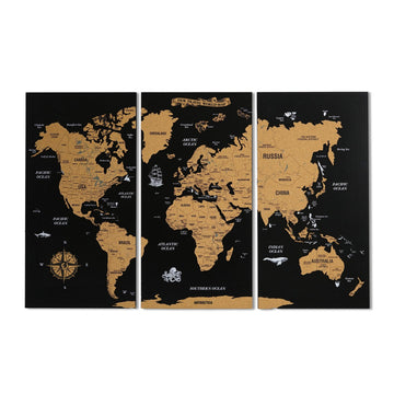 Black cork world map in three panels shown straight on against a white background