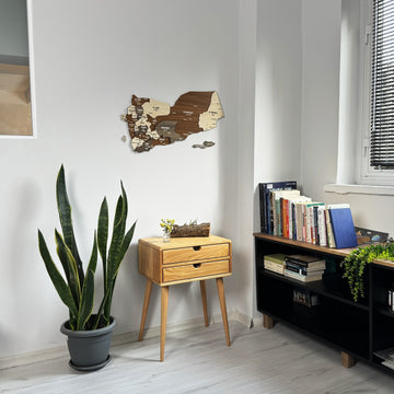 Small Yemen wooden wall map in a room corner with a snake plant, side table, bookshelf and a window