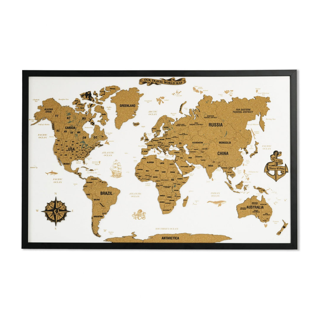 Framed Cork Push Pin World Map - Travel Tracker Wall Art