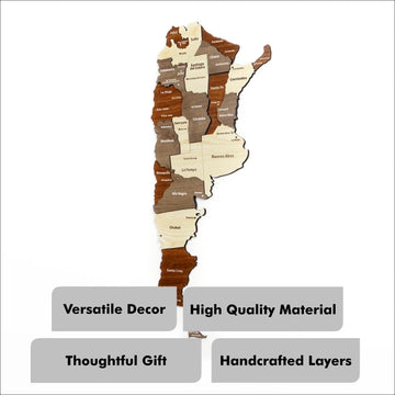 Wooden Argentina map with four feature labels: versatile decor, high quality material, thoughtful gift, handcrafted layers