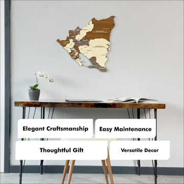 Wooden Nicaragua map above a desk with callouts: elegant craftsmanship, easy maintenance, versatile decor