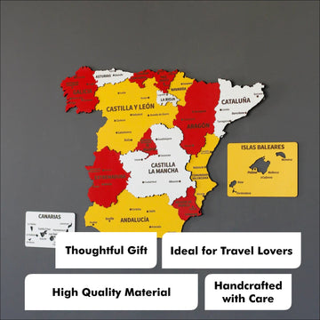 Spain Flag wooden wall map in red, yellow and white on a dark wall with badges: thoughtful gift, handcrafted with care