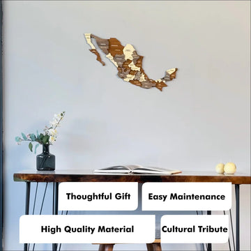 Mexico wooden wall map above a desk with badges: thoughtful gift, easy maintenance, high quality material, cultural tribute