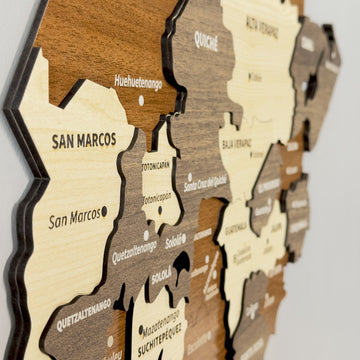 Close-up of layered wood on the Guatemala map showing San Marcos, Quetzaltenango and Huehuetenango