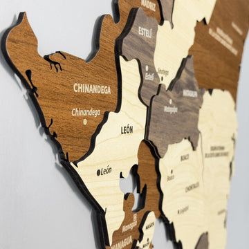 Close-up of Chinandega, León and Estelí layers on the 3D wooden Nicaragua map