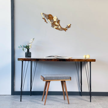Mexico wooden wall map on a gray wall above a hairpin-leg desk with a gray stool
