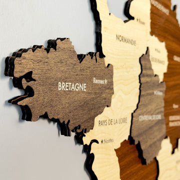 Close-up of the France wooden wall map showing Bretagne, Normandie and Pays de la Loire in layered wood