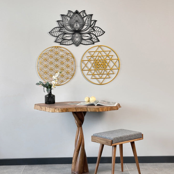 mandala-sri-yantra-flower-of-life-triple-set-office-metal-decor-unique-geometric-designs-colorfullworlds