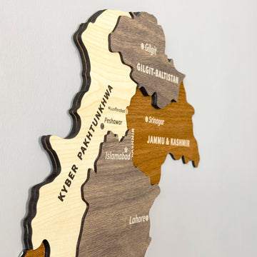 Close-up of the Pakistan wooden wall map showing Kyber Pakhtunkhwa, Gilgit-Baltistan and Punjab in layered wood