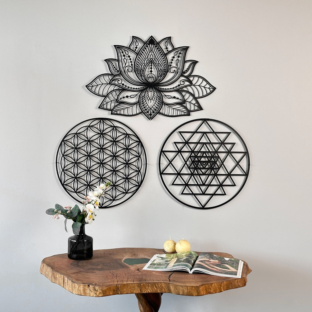 mandala-sri-yantra-flower-of-life-triple-set-office-metal-decor-creative-geometric-patterns-colorfullworlds