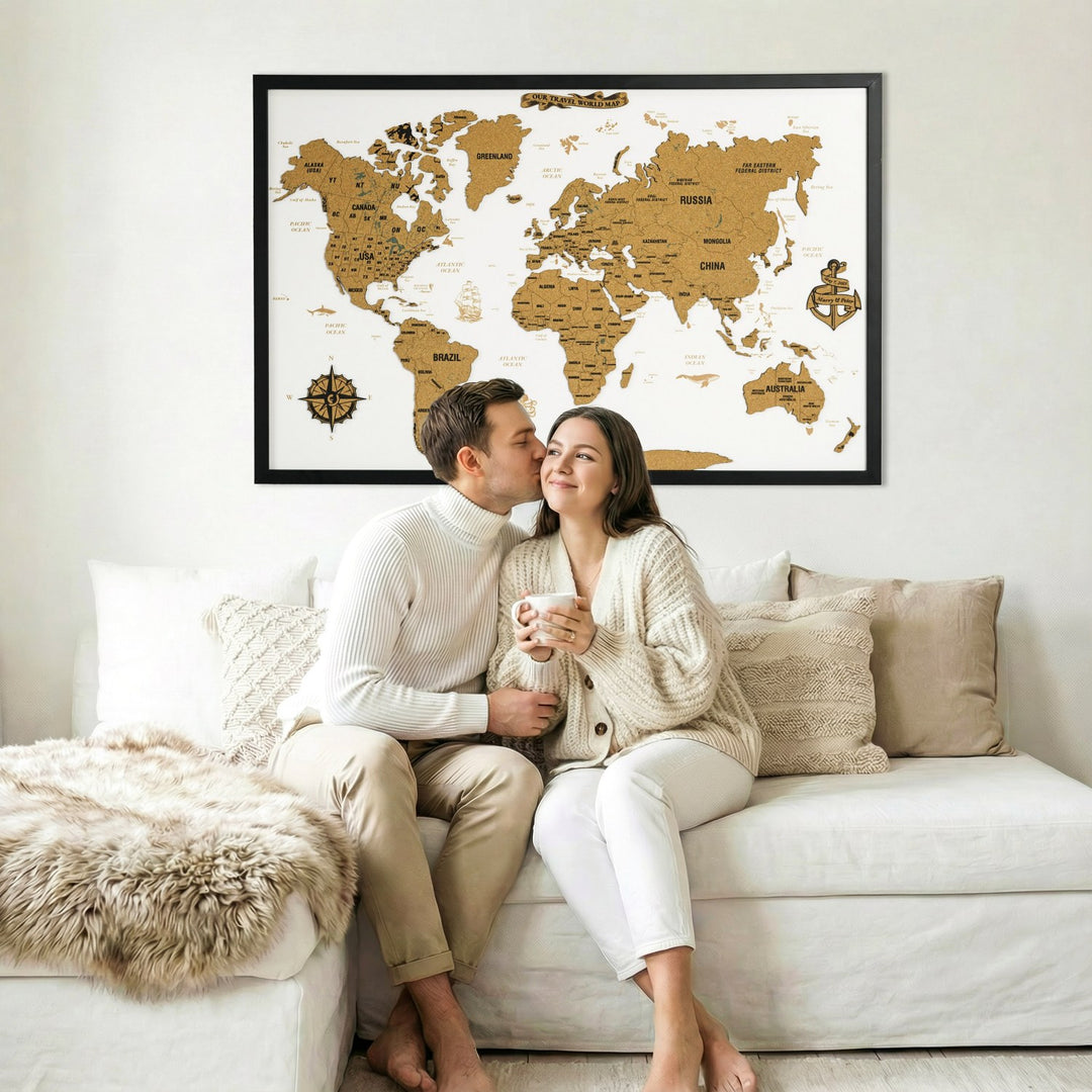 Framed Cork Push Pin World Map - Travel Tracker Wall Art