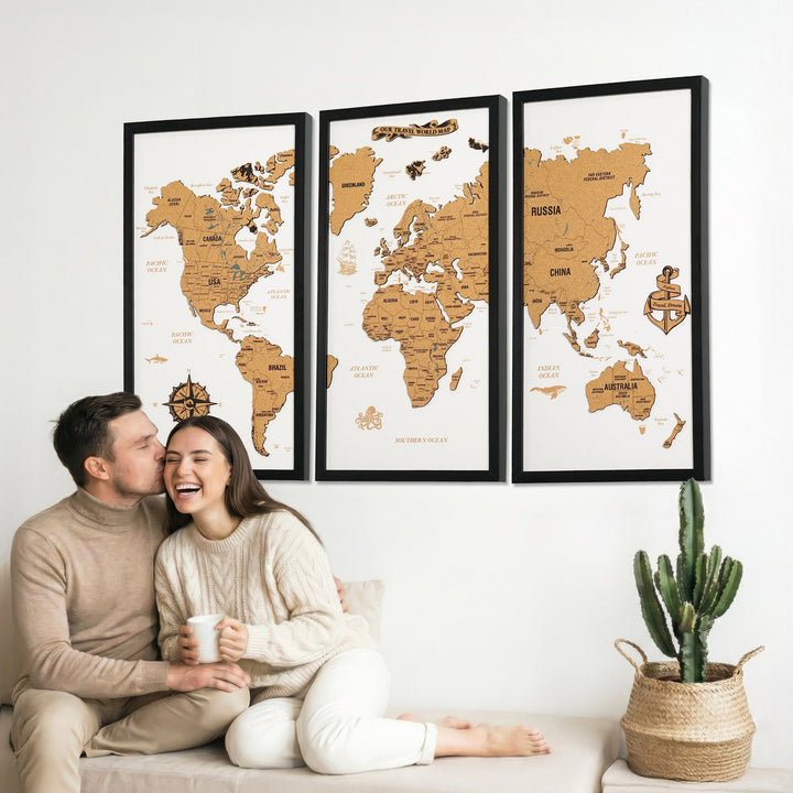 Framed Cork Push Pin World Map - Travel Tracker Wall Art