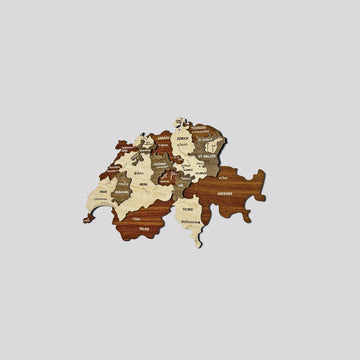 Small Switzerland wooden wall map centered on a light gray background, front view