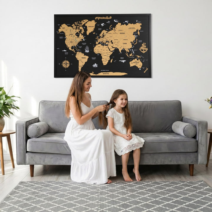 Framed Cork Push Pin World Map - Travel Tracker Wall Art