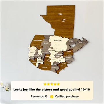 Wooden Guatemala map with five-star customer review overlay: looks just like the picture, good quality