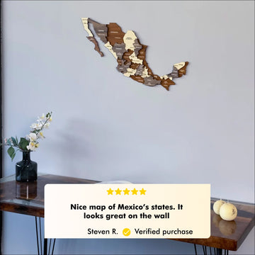 Mexico wooden wall map above a resin desk with a five-star customer review overlay about the state map