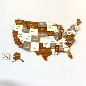 Wooden USA wall map with state names and cities, with separate Alaska and Hawaii panels, front view