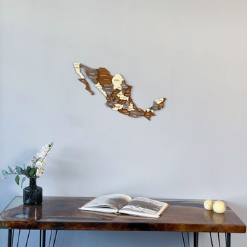 Mexico wooden wall map with state names above the end of a resin desk