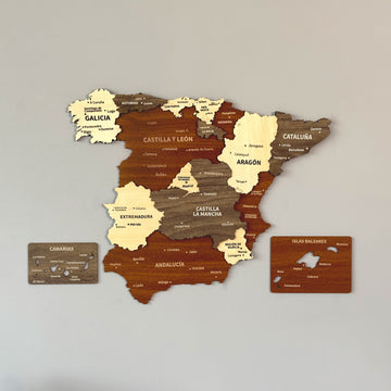 Mixed color Spain wooden wall map with Canarias and Islas Baleares panels in brown, tan and cream wood