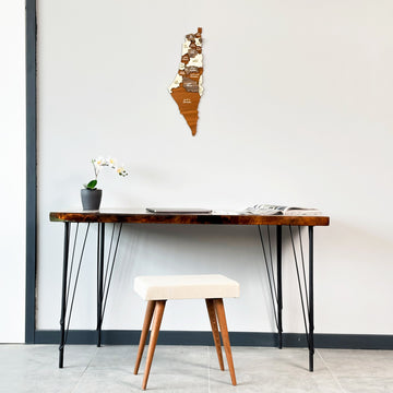 Palestine wooden wall map hung above a console table with a white orchid, wide view